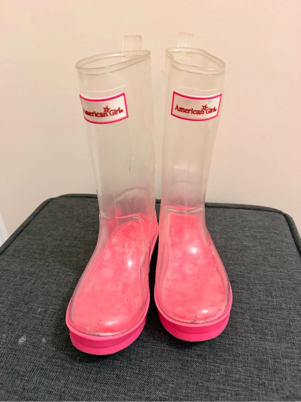 American Girl Clear Rain Boots with Bright Pink Soles